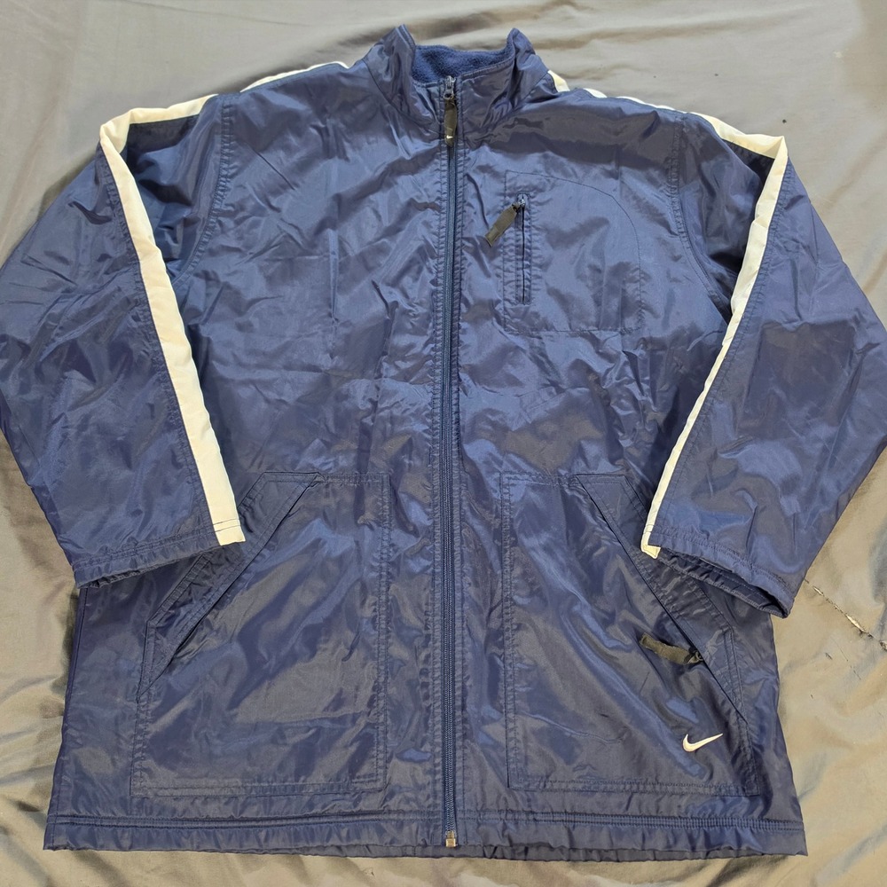 Nike Vintage Windbreaker Jacket Navy Blue Fleece Lined Large Full Zip Stripe